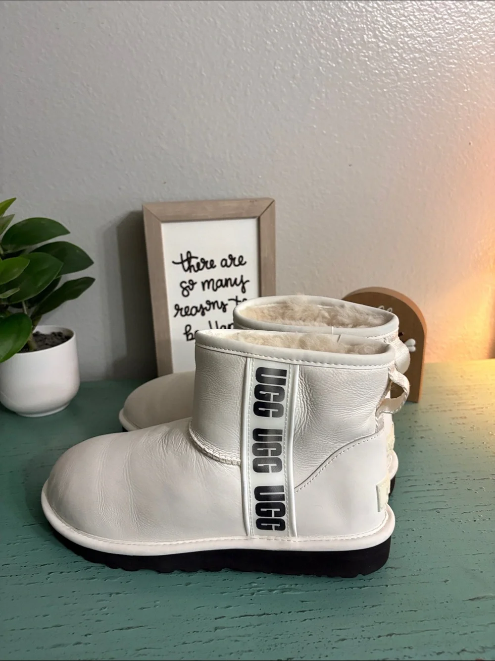UGG White Shearling-Lined Ankle Boots with Black Sole